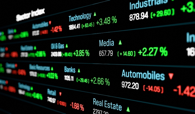 Close up ticker board, sector market data, automobiles, banks, media.